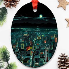 Night Black City Neon Sky Stars Moon Abstract Oval Ornament (two Sides) by Cowasu