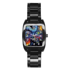 Castle Starry Night Print Van Gogh Parody Stainless Steel Barrel Watch by Sarkoni