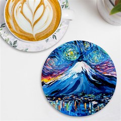 Mount Fuji Art Starry Night Van Gogh Uv Print Round Tile Coaster by Sarkoni