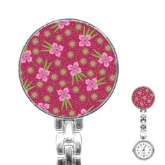 Flower Background Pattern Pink Stainless Steel Nurses Watch by Ravend