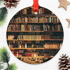 Books On Bookshelf Assorted Color Book Lot In Bookcase Library Ornament (round) by Ravend