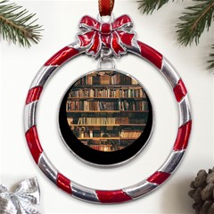 Books On Bookshelf Assorted Color Book Lot In Bookcase Library Metal Red Ribbon Round Ornament by Ravend