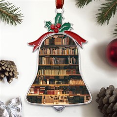 Books On Bookshelf Assorted Color Book Lot In Bookcase Library Metal Holly Leaf Bell Ornament by Ravend