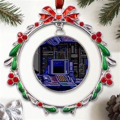 Blue Computer Monitor With Chair Game Digital Art Metal X mas Wreath Ribbon Ornament by Bedest