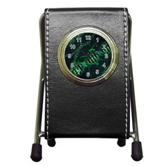 Green And Black Abstract Digital Art Pen Holder Desk Clock by Bedest