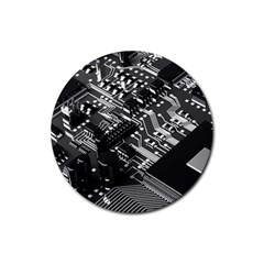 Black And Gray Circuit Board Computer Microchip Digital Art Rubber Coaster (round) by Bedest