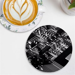 Black And Gray Circuit Board Computer Microchip Digital Art Uv Print Round Tile Coaster by Bedest