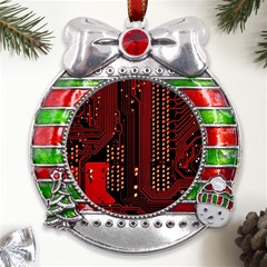 Technology Computer Circuit Metal X mas Ribbon With Red Crystal Round Ornament by Sarkoni