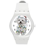 White Bichon Frise Dog T- Shirt White Bichon Frise Dog Santa Christmas Tree Lights Xmas T- Shirt Round Plastic Sport Watch (M) Front