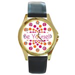 Be Yourself Pink Orange Dots Circular Round Gold Metal Watch Front