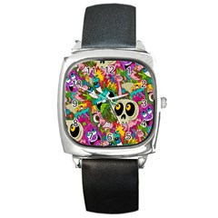 Crazy Illustrations & Funky Monster Pattern Square Metal Watch by Ket1n9