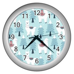 Christmas-tree-cute-lama-with-gift-boxes-seamless-pattern Wall Clock (silver) by Grandong