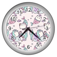 Cartoon Cat Cute Animal Design Drawing Illustration Kawaii Wall Clock (silver) by Grandong