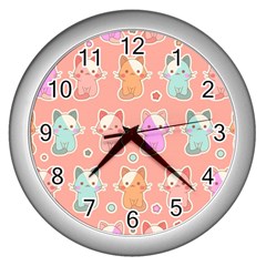 Cute Kawaii Kittens Seamless Pattern Wall Clock (silver) by Grandong