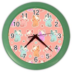 Cute Kawaii Kittens Seamless Pattern Color Wall Clock by Grandong