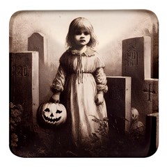 Spooky Little Girl With Pumpkin Square Glass Fridge Magnet (4 Pack) by Malvagia