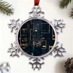 Photo Of Buildings During Nighttime Metal Large Snowflake Ornament by Modalart