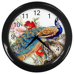 Birds Peacock Artistic Colorful Flower Painting Wall Clock (black) by Sarkoni