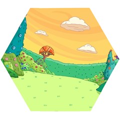 Green Field Illustration Adventure Time Multi Colored Wooden Puzzle Hexagon by Sarkoni