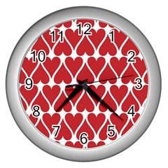 Hearts Pattern Seamless Red Love Wall Clock (silver) by Apen