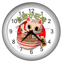 Ramen Cat Noodles Cute Japanes Wall Clock (silver) by Modalart