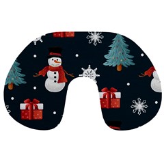 Snowmen Christmas Trees Travel Neck Pillow by Ravend