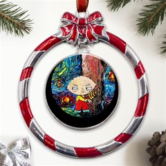 Cartoon Starry Night Vincent Van Gogh Metal Red Ribbon Round Ornament by Modalart