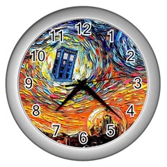 Tardis Starry Night Doctor Who Van Gogh Parody Wall Clock (silver) by Modalart