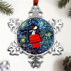 Dog Flying House Cartoon Starry Night Vincent Van Gogh Parody Metal Small Snowflake Ornament by Modalart