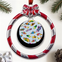 Fish Ocean Sea Water Diving Blue Metal Red Ribbon Round Ornament by Modalart