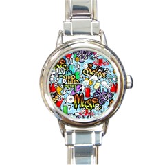 Graffiti Characters Seamless Patterns Round Italian Charm Watch by Bedest