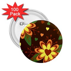 Floral Hearts Brown Green Retro 2 25  Buttons (100 Pack)  by Hannah976