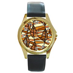 Autumn Leaf Mosaic Seamless Round Gold Metal Watch by Hannah976