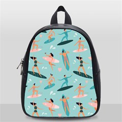 Beach Surfing Surfers With Surfboards Surfer Rides Wave Summer Outdoors Surfboards Seamless Pattern School Bag (small) by Bedest