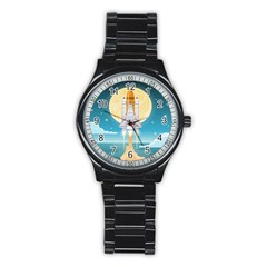 Space Exploration Illustration Stainless Steel Round Watch by Bedest