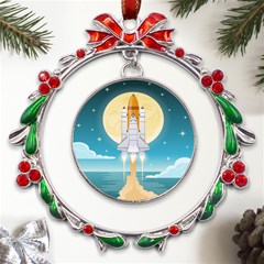 Space Exploration Illustration Metal X mas Wreath Ribbon Ornament by Bedest