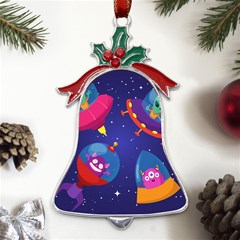 Cartoon Funny Aliens With Ufo Duck Starry Sky Set Metal Holly Leaf Bell Ornament by Ndabl3x