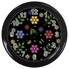 Embroidery Seamless Pattern With Flowers Wall Clock (black) by Apen