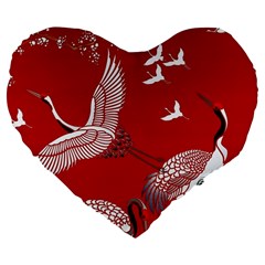 Japanese Crane Bird Art Large 19  Premium Flano Heart Shape Cushions by Cendanart