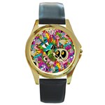 Crazy Illustrations & Funky Monster Pattern Round Gold Metal Watch Front