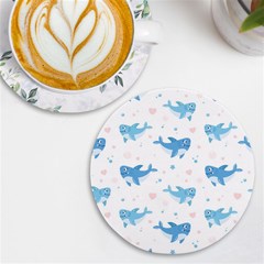 Seamless Pattern With Cute Sharks Hearts Uv Print Round Tile Coaster by Ket1n9