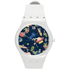 Seamless Pattern With Funny Alien Cat Galaxy Round Plastic Sport Watch (m) by Ndabl3x