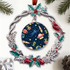 Seamless Pattern With Funny Alien Cat Galaxy Metal X mas Wreath Holly Leaf Ornament by Ndabl3x