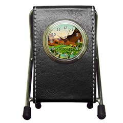 River Between Green Forest With Brown Mountain Pen Holder Desk Clock by Cendanart