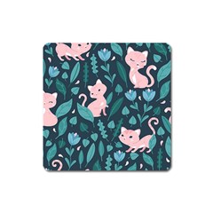 Cat Cute Flowers Leaves Pattern Square Magnet by Grandong