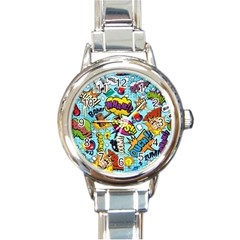 Graffiti Word Seamless Pattern Round Italian Charm Watch by Bedest