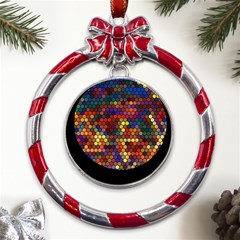 Hexagon Honeycomb Pattern Design Metal Red Ribbon Round Ornament by Ndabl3x