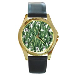 Green Banana Leaves Round Gold Metal Watch by goljakoff