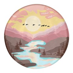 Mountain Birds River Sunset Nature Round Glass Fridge Magnet (4 Pack) by Cemarart