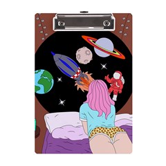 Girl Bed Space Planets Spaceship Rocket Astronaut Galaxy Universe Cosmos Woman Dream Imagination Bed A5 Acrylic Clipboard by Maspions